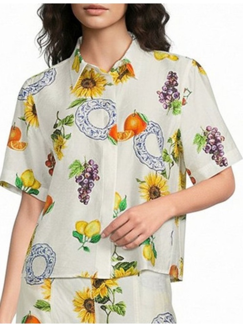Current Air White Floral Fruit Print Collar Button Up Crop Top